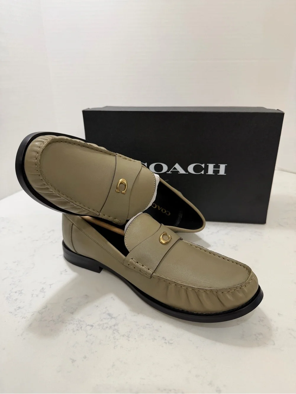 Coach woman’s Olive Green Leather Slip-On Loafers with Gold Accent - Picture 4 of 11